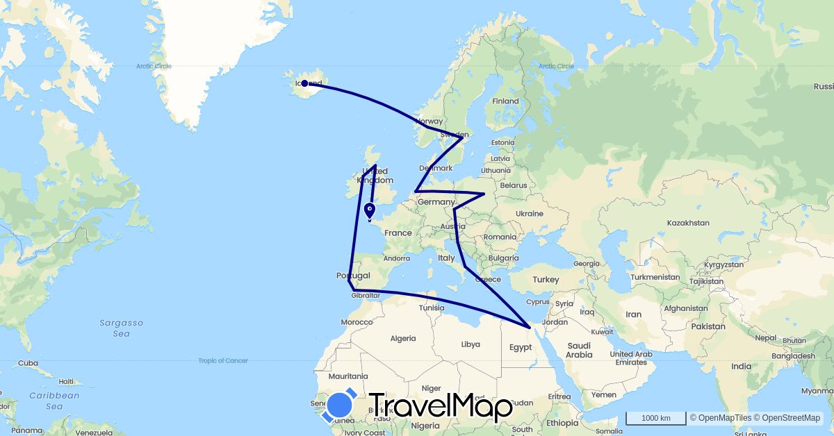 TravelMap itinerary: driving in Czech Republic, Germany, Denmark, Egypt, France, United Kingdom, Croatia, Iceland, Italy, Netherlands, Norway, Poland, Portugal, Sweden (Africa, Europe)